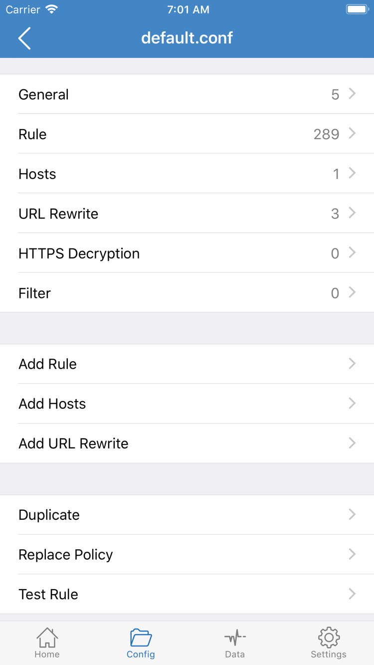 ShadowrocketのConfig編集画面。General、Rule、Hosts、URL Rewrite、HTTPS Decryption、Add Ruleを表示